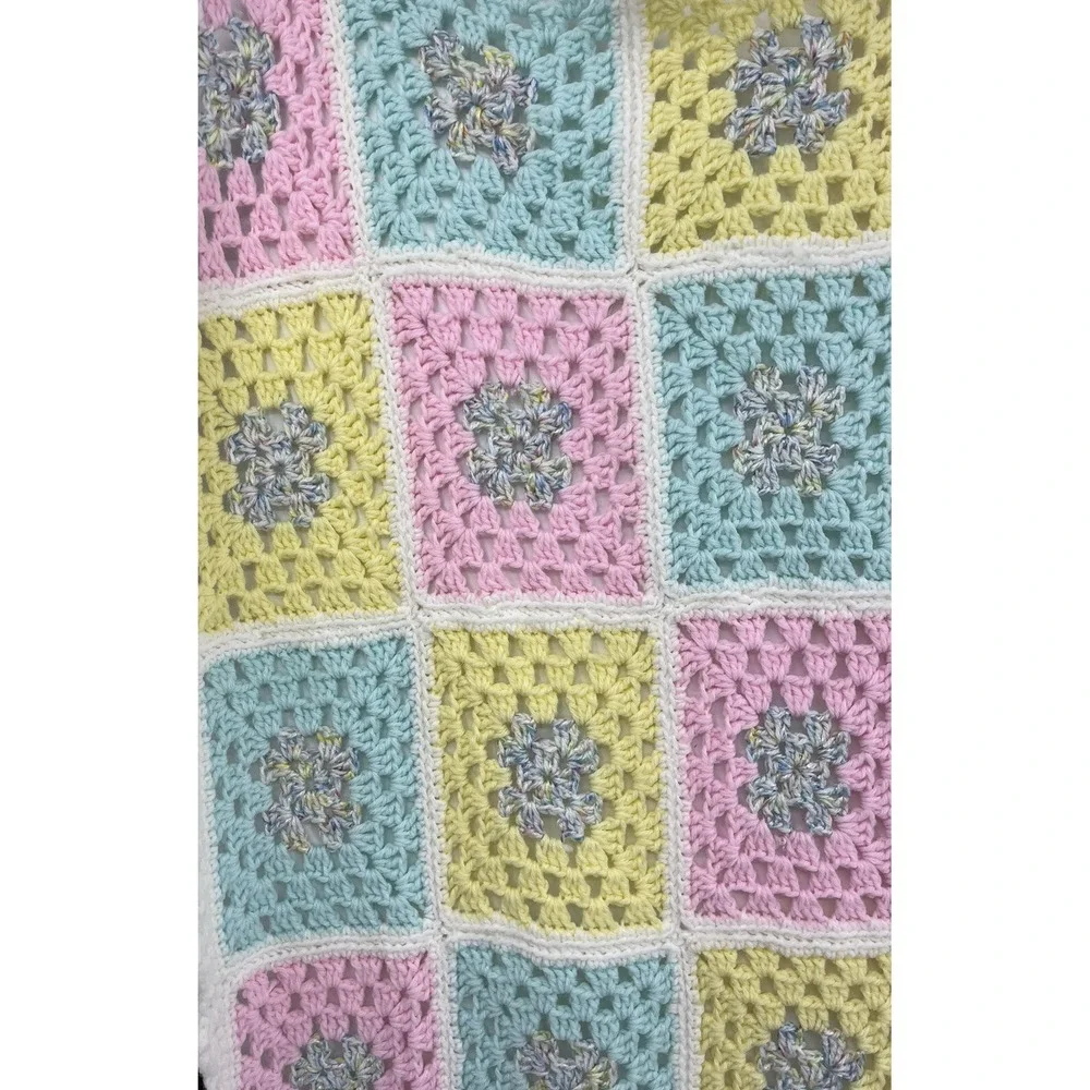 Vintage Pastel Afghan Granny Square Crocheted Baby Blanket Handmade 59 x 46